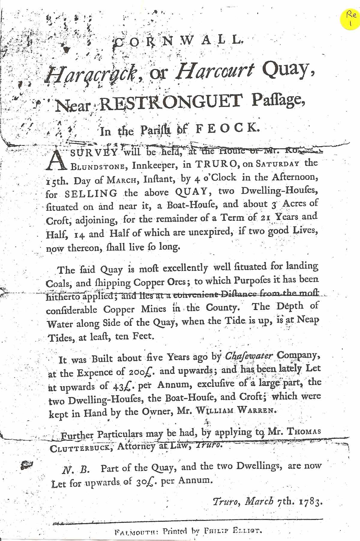 Auction Notice for property and business at Marblehead Quay in 1783